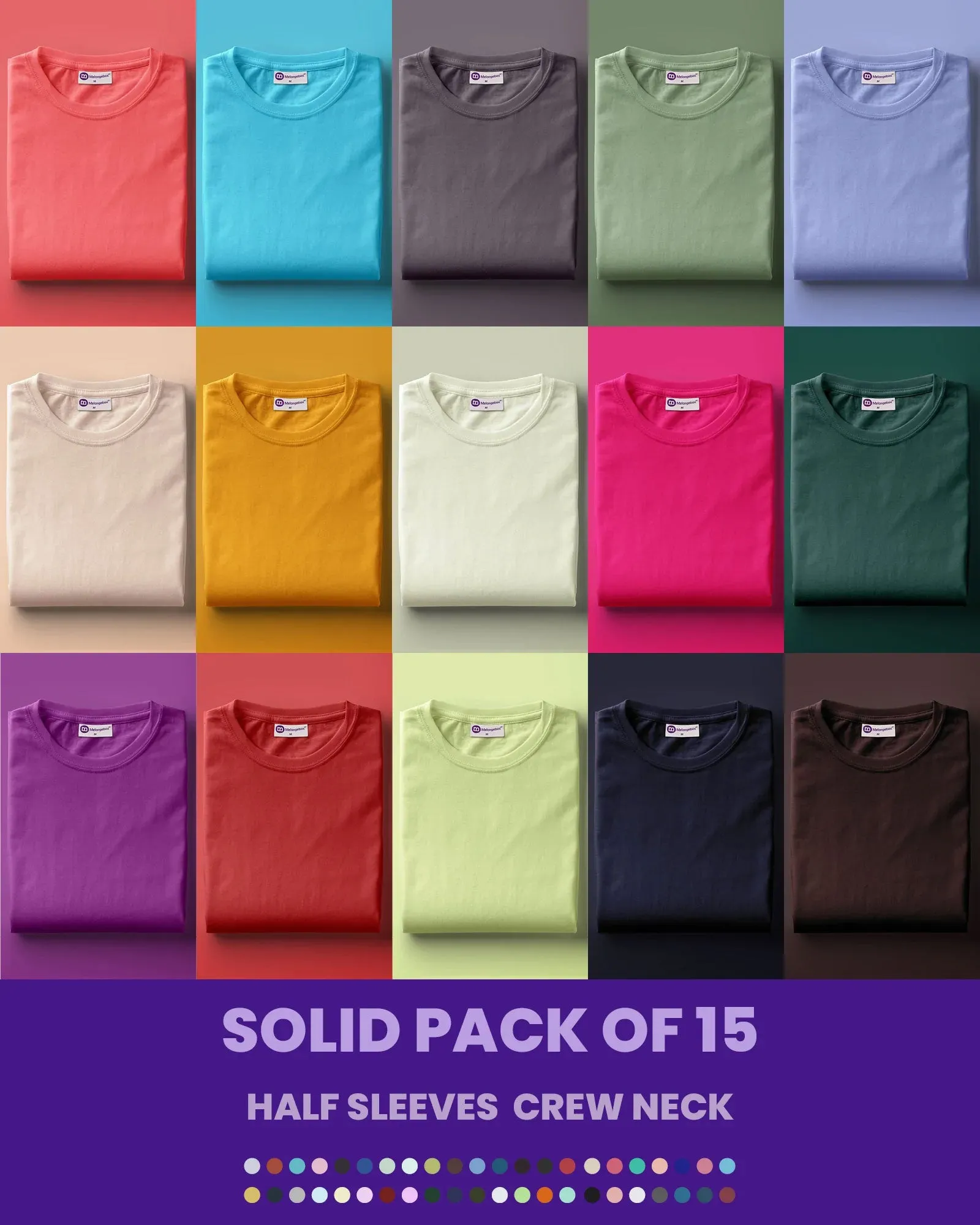 Solid Pack of 15: Half Sleeves Crew Neck