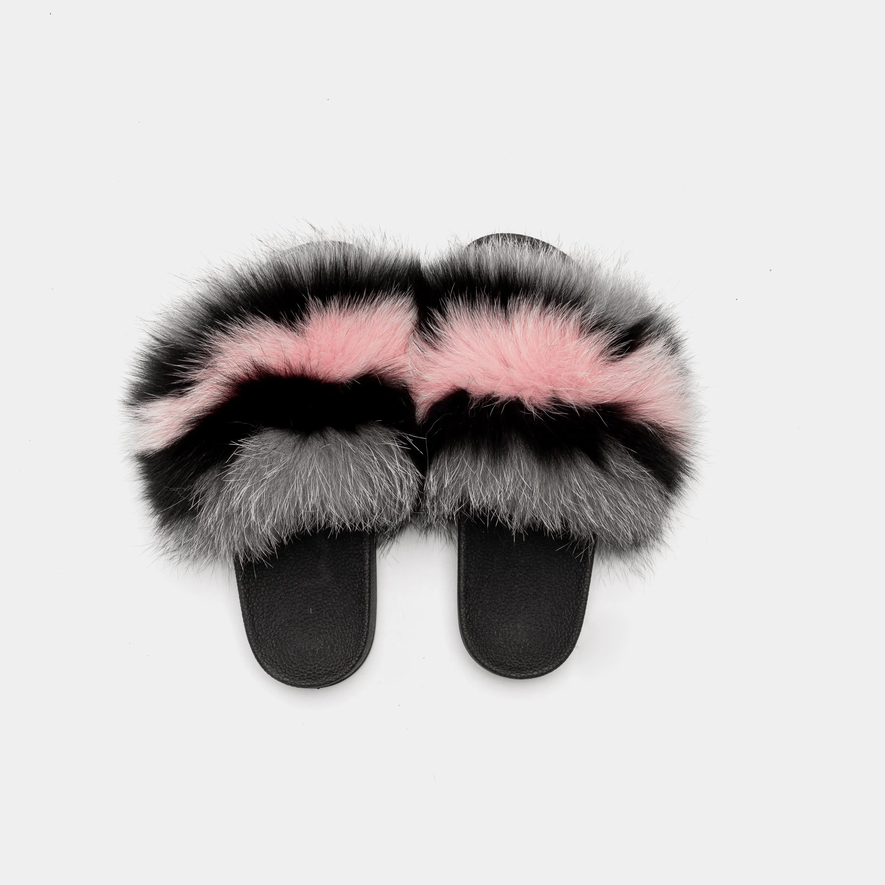 St. Moritz-Slipper With Fur Of Black Grey Fox & Pink