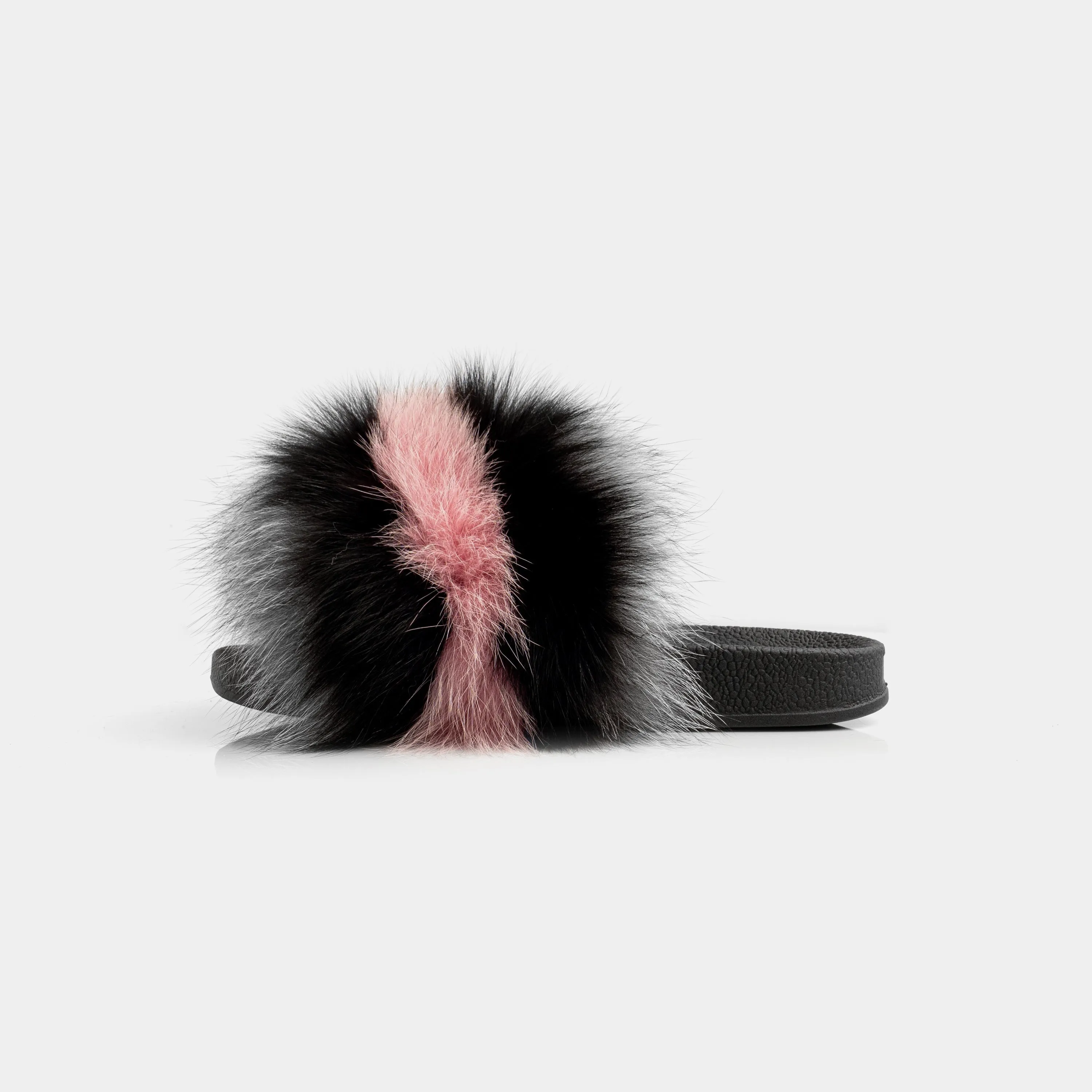 St. Moritz-Slipper With Fur Of Black Grey Fox & Pink