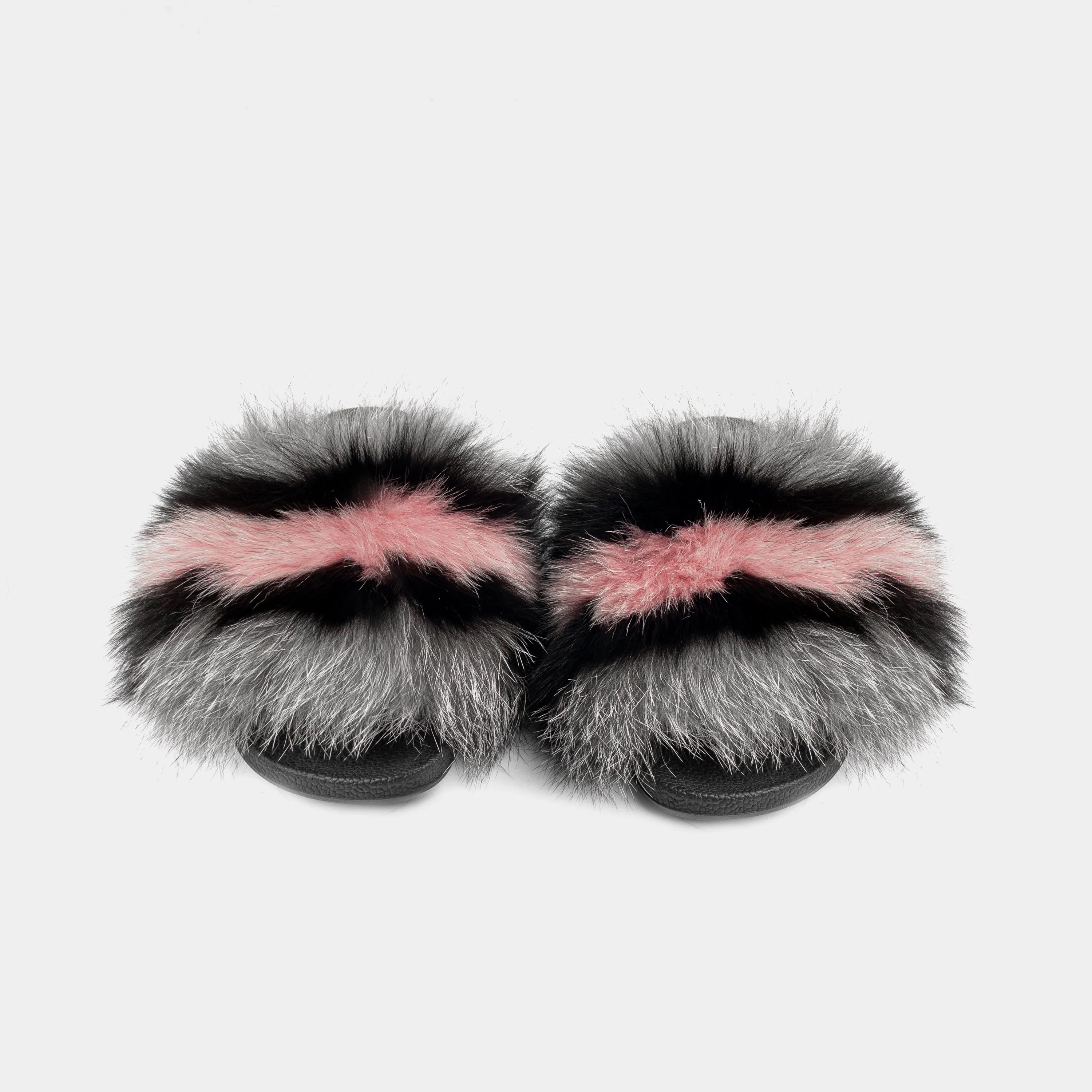 St. Moritz-Slipper With Fur Of Black Grey Fox & Pink