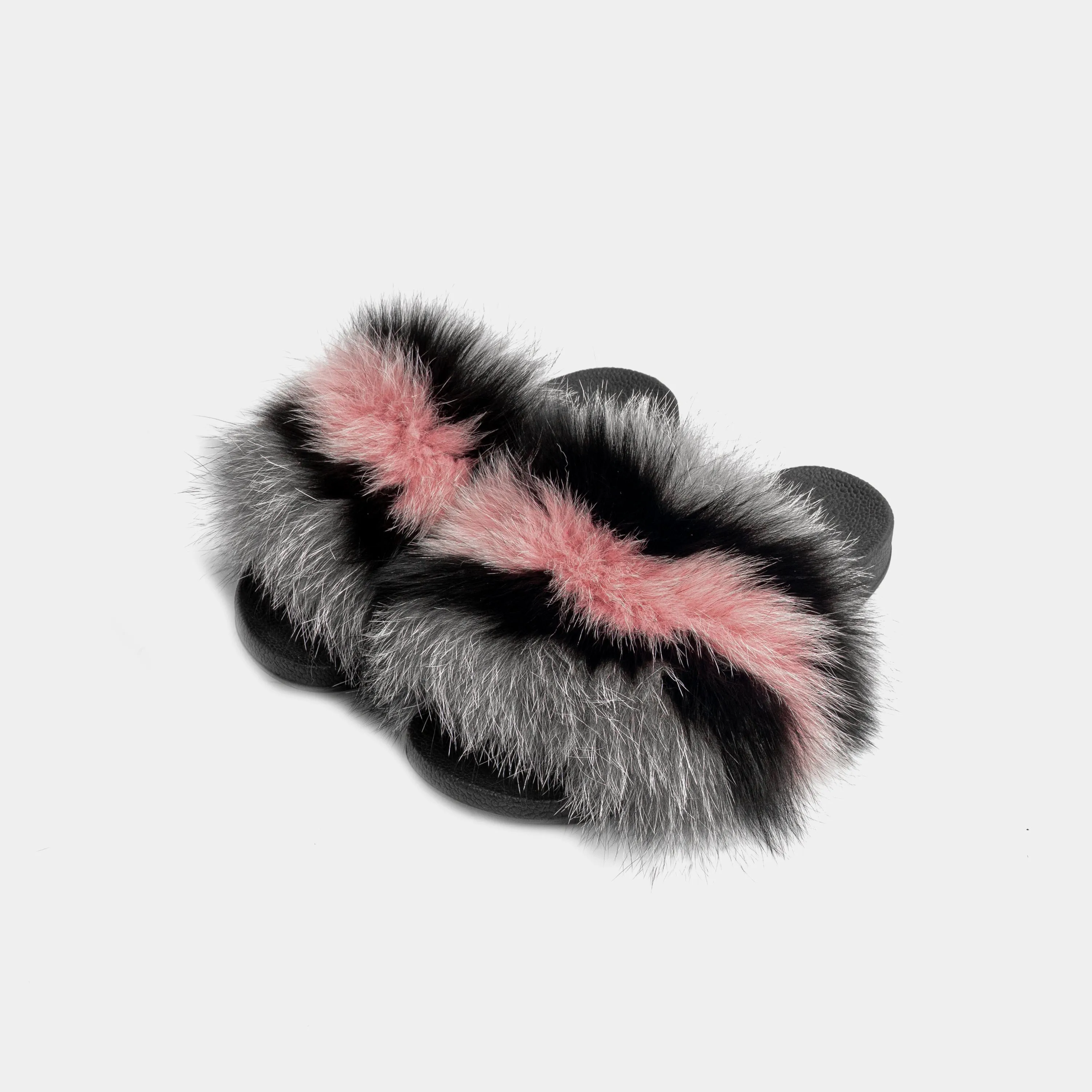 St. Moritz-Slipper With Fur Of Black Grey Fox & Pink