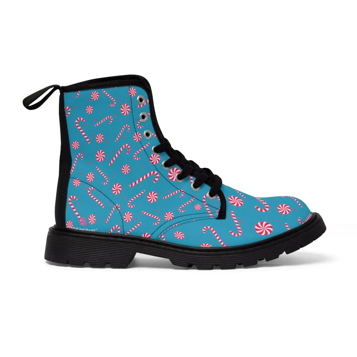 Turquoise Christmas Women's Canvas Boots, Red Candy Cane Print Winter Boots For Women