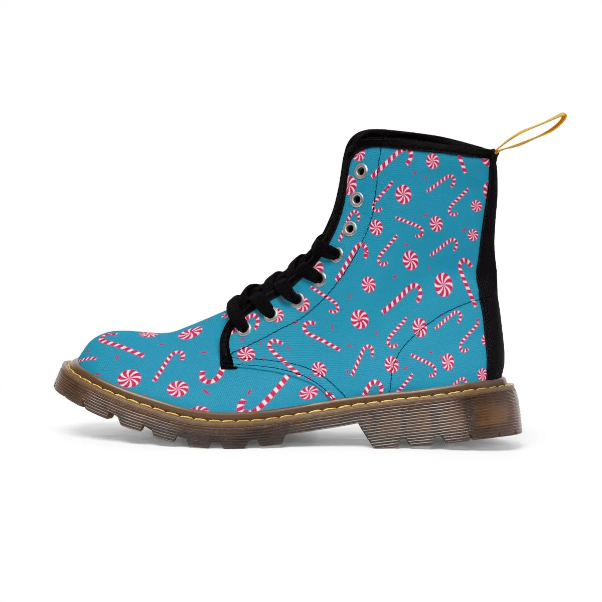 Turquoise Christmas Women's Canvas Boots, Red Candy Cane Print Winter Boots For Women