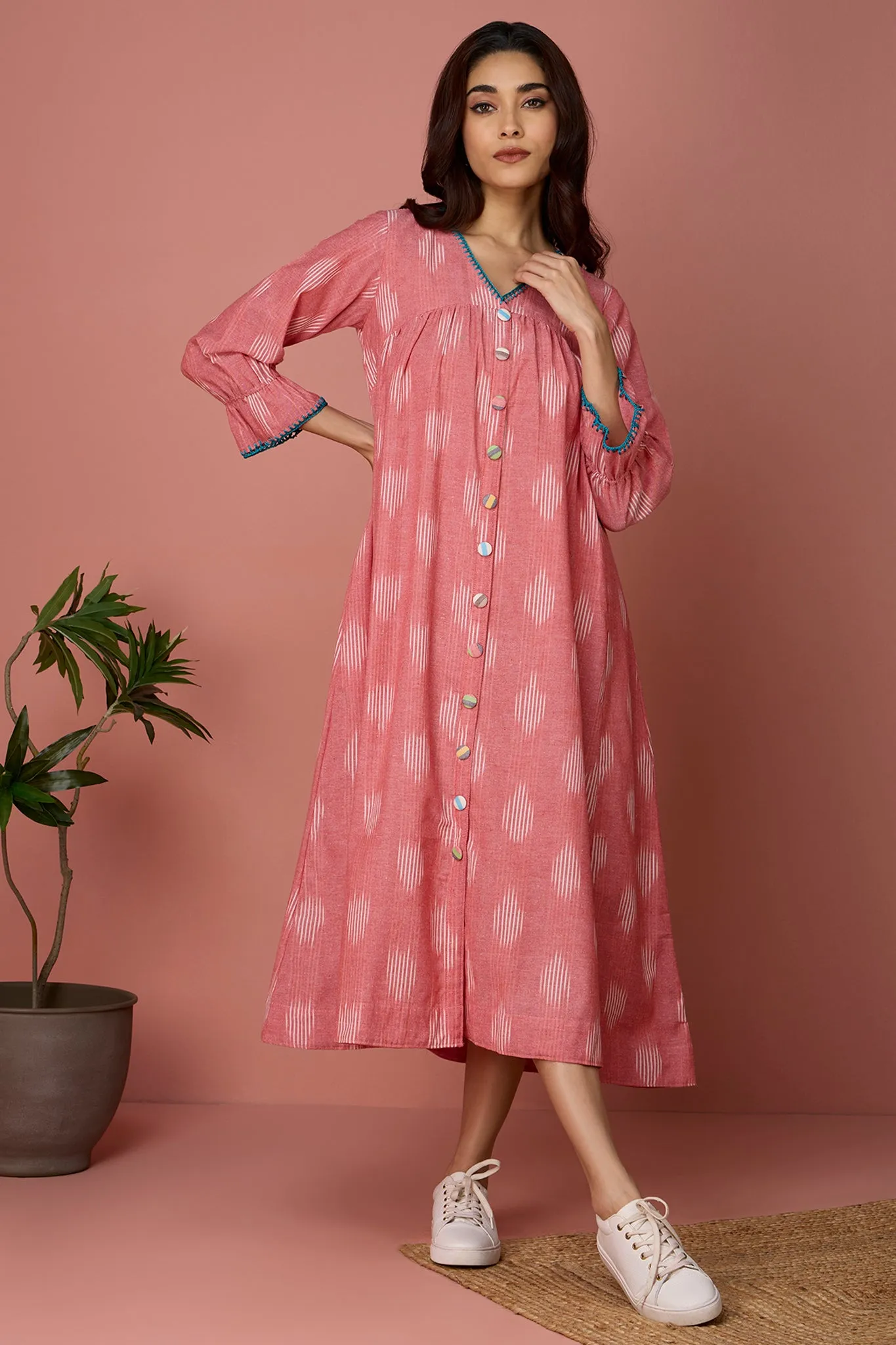 v-neck gather dress - Pink Cotton Cloud & Pale Speckles