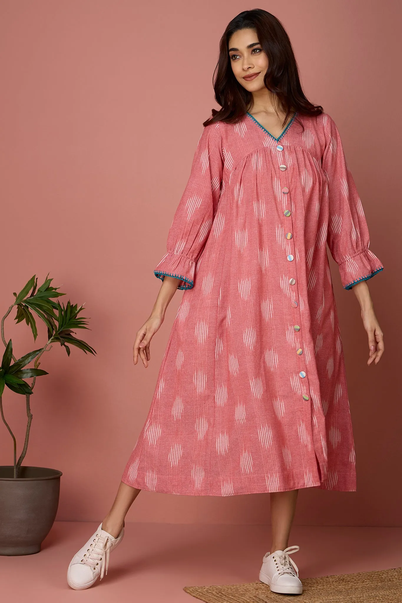 v-neck gather dress - Pink Cotton Cloud & Pale Speckles