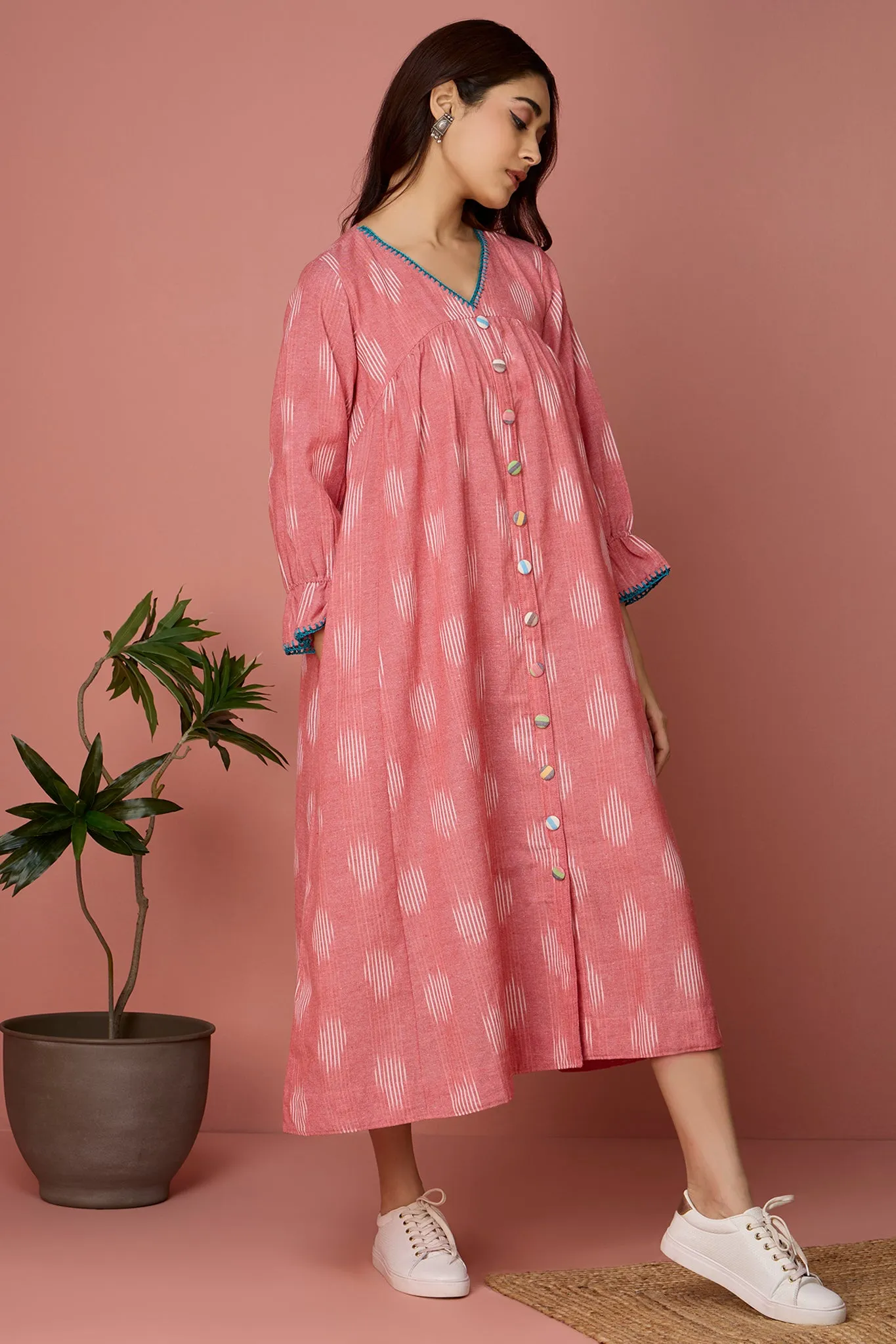 v-neck gather dress - Pink Cotton Cloud & Pale Speckles