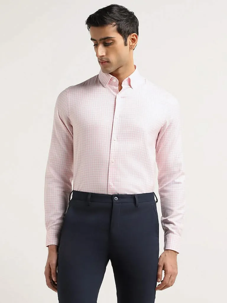 WES Formals Pink Checked Cotton Slim Fit Shirt