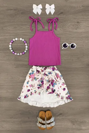 White & Purple Floral Skort Set