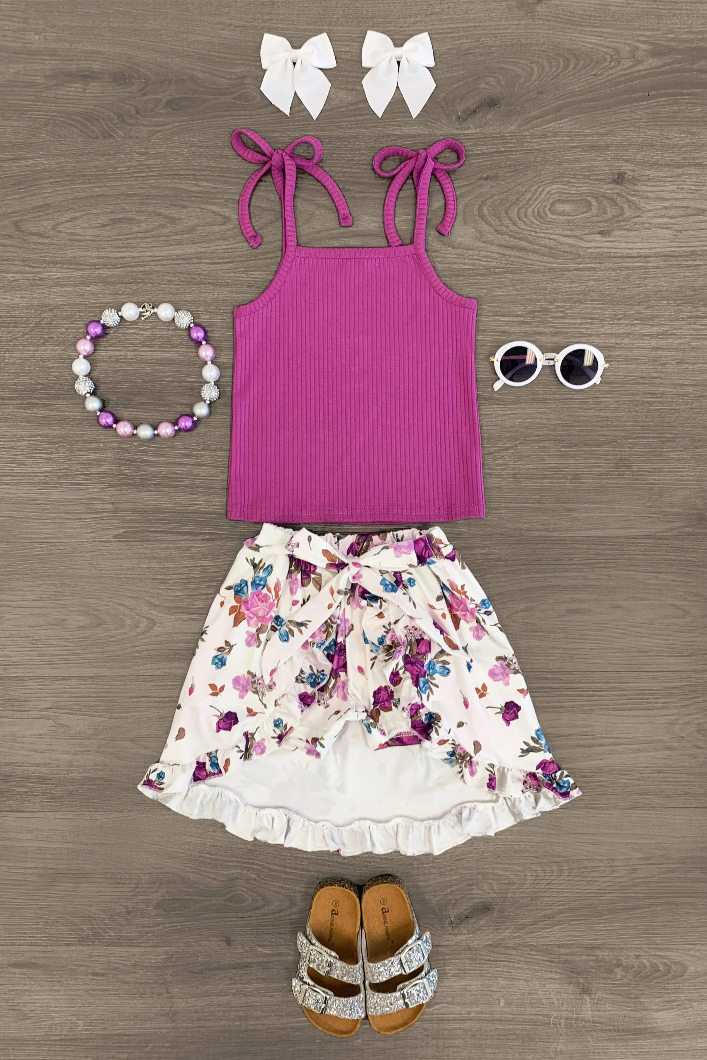 White & Purple Floral Skort Set