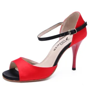 Women's Argentine Red Tango Shoes High Heel Dance Sandals Leather Sole Red