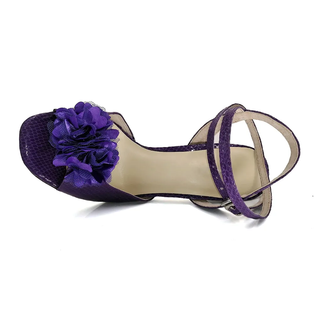 Women's Argentine Tango Shoes High Heel Dance Sandals Leather Sole Purple