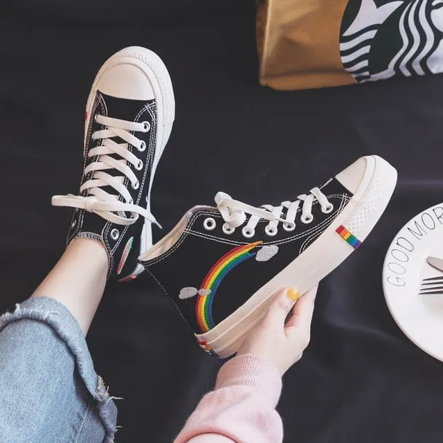 Women's Fashion 2020 Vulcanized Shoes Woman Sneakers New Rainbow Retro Canvas Shoes Flat Fashion Comfortable High Shoes Women