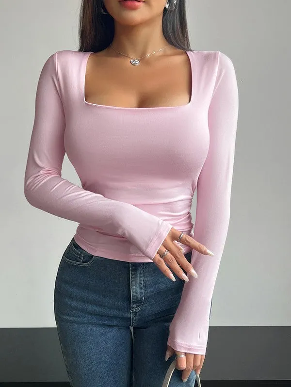 Women's Long Sleeve Square Neck Tops Slim