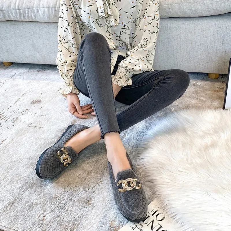 Women's Winter Plush Outdoor Loafer Shoes with Metal Chain Decor