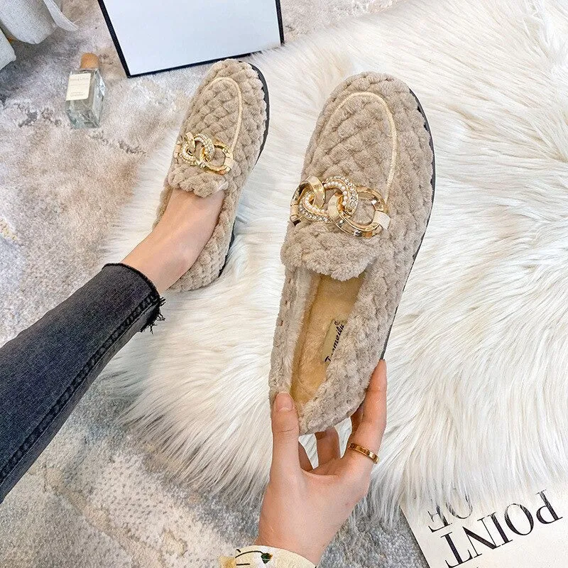 Women's Winter Plush Outdoor Loafer Shoes with Metal Chain Decor