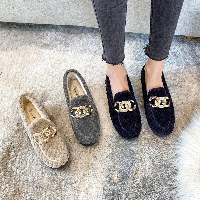 Women's Winter Plush Outdoor Loafer Shoes with Metal Chain Decor