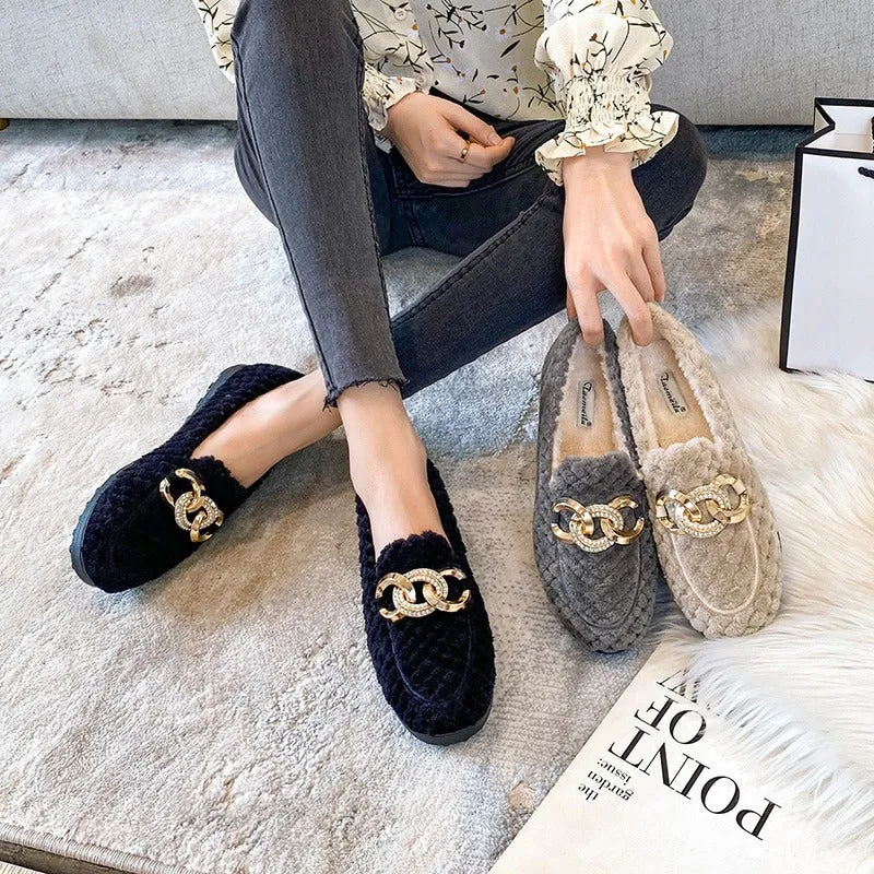 Women's Winter Plush Outdoor Loafer Shoes with Metal Chain Decor